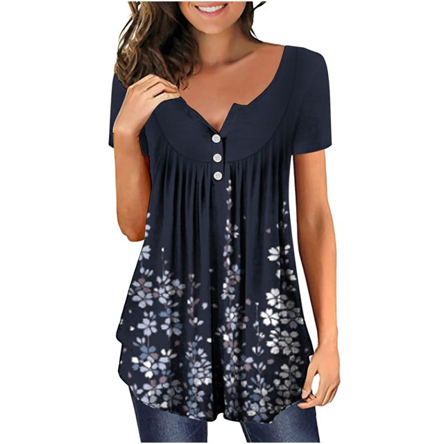 CEHVOM Women's Summer Printed Round Neck Button Pleated Short Sleeve Top