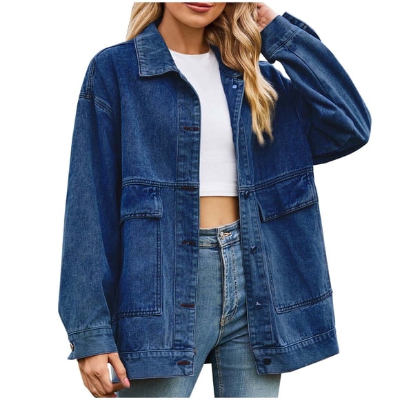 AherBiu Jean Jacket Women Oversized Trendy Casual Denim Jackets Stretch Button up Fall Clothes Outerwear