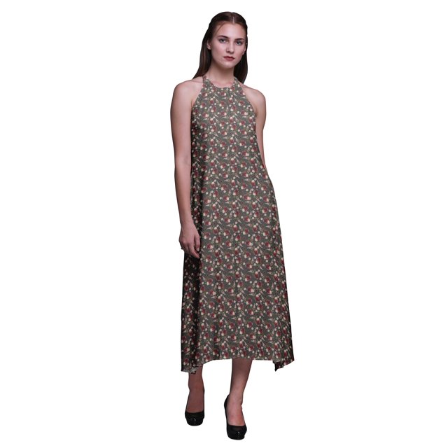 Bimba Floral Causal Long Backless Halter NeckDressWomen Printed BeachDress-Small