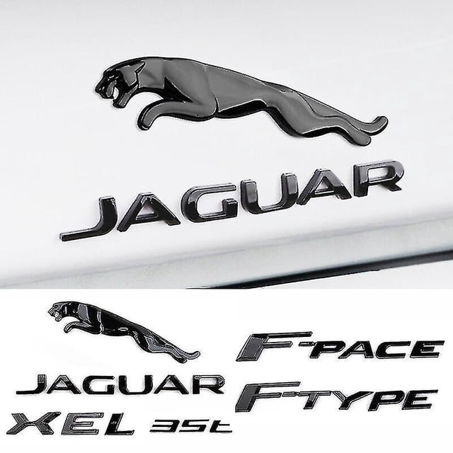 Auto Logo Sticker for Jaguar F-pace, F-type, XF, XE, XJL, and E-pace models featuring a 3D glossy black design. Made from ABS material, it is rustproof, waterproof, and fade-resistant. Includes a leaping jaguar emblem and model-specific lettering in two sizes: 1.5 cm for XF, XE, F-type, and F-pace, and 1.8 cm for XJ and XJL. Suitable for fender or trunk placement.