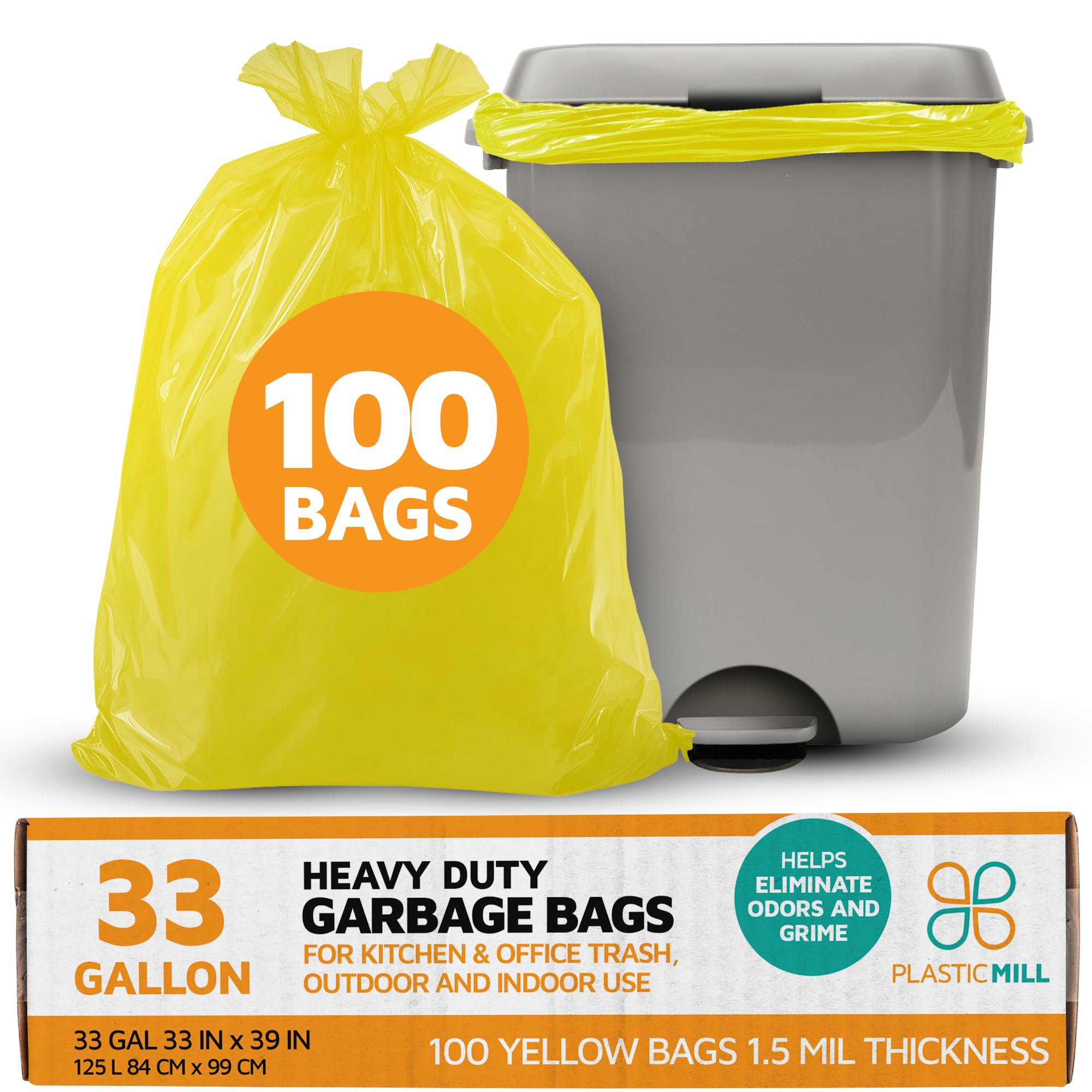 PlasticMill Heavy Duty Trash Bags - Yellow Garbage Bags - Plastic Trash Bags - Tall Trash Bags, Trash Can Liners - 33-Gallon Large Kitchen Trash Bags, 1.5 Mil, 33"x39" (100-Count)