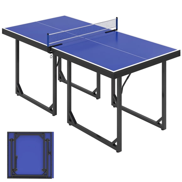 Soozier Table de Tennis de Table Compacte 6x3ft de Taille Moyenne Table de Ping-pong Familiale Multi-Usage Autoportante Pliante Bleu
