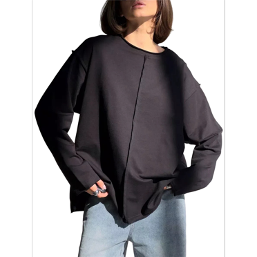 T-shirts à Manches Longues Surdimensionnés pour Femmes, T-Shirt Basique à Col Rond, Hauts d'Automne, Décontracté, Entraînement, Vêtements Y2K, Noir, G