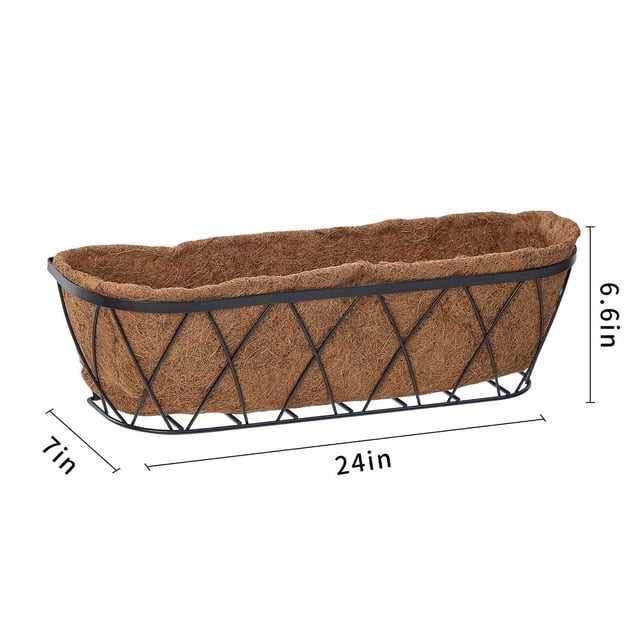 Mainstays 24 in Coco Window Basket with a 24-inch black powder-coated steel frame and natural coconut fiber liner, measuring 7 inches wide and 6.6 inches high, designed for outdoor window sills, balconies, or decks, promoting soil aeration and healthy root growth for shallow-root plants.