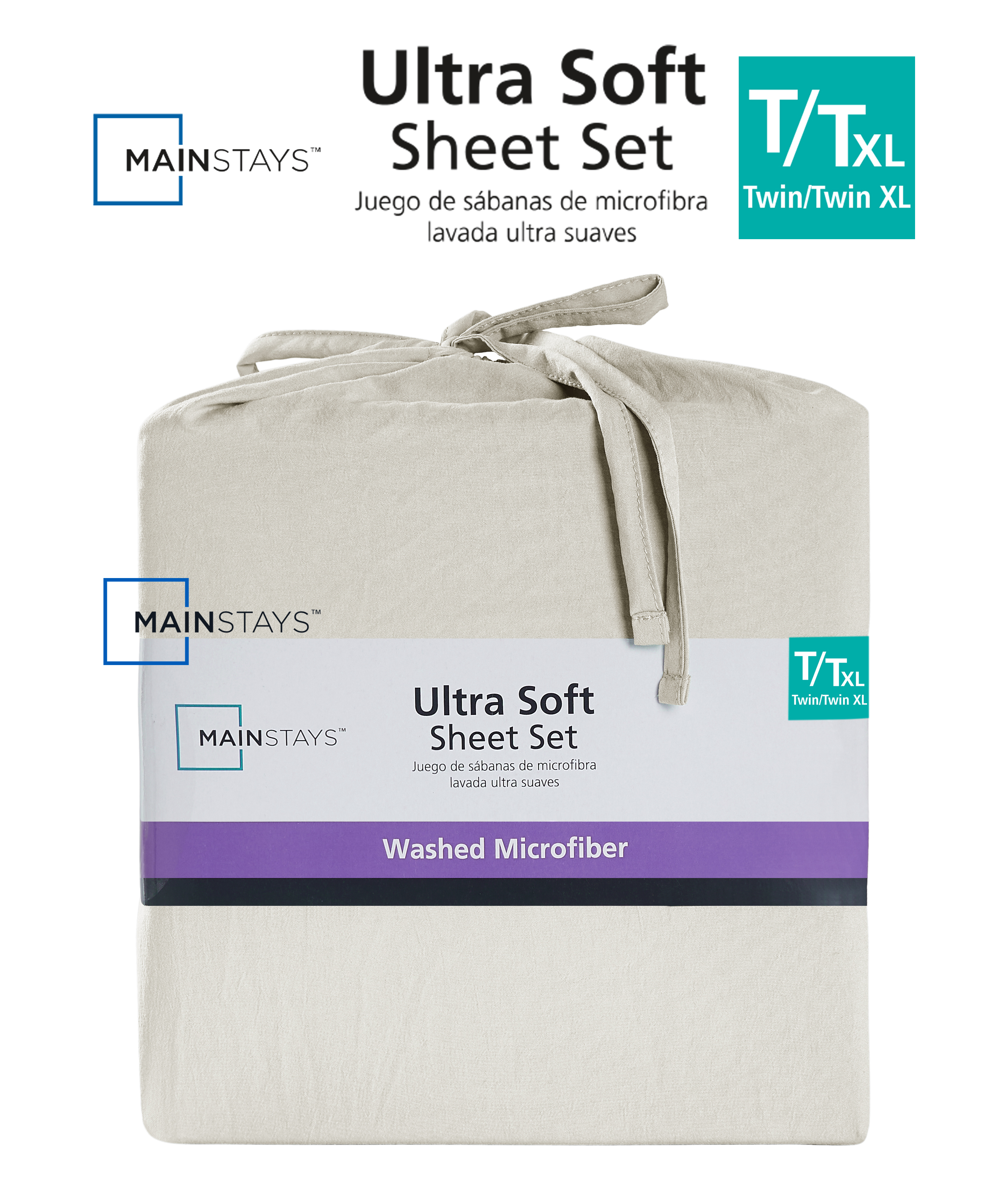 Mainstays Ensemble de draps en microfibre lavée ultra douce, Lit 2 Places, Papyrus Beige, 4 pièces.