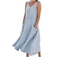 thumbnail image 2 of Meichang Robes de Printemps pour Femmes 2024 Robe Unie en Coton et Lin Décontractée à Col Rond Sans Manches Robes Maxi Robe d'Été de Plage et de Soleil avec Poches, 2 of 8