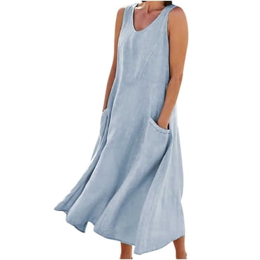 Robe Longue d'Été pour Femmes Robe d'Été pour Femmes Col en V Mode Décontractée Couleur Unie Sans Manches Coton Lin Robe Longue Robe Longue d'Été pour Femmes Robe Longue pour Femmes Été