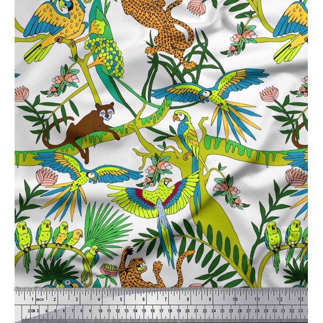 Soimoi Rayon Fabric Branches,Parrot & Leopard Jungle Print Sewing Fabric Yard 42 Inch Wide
