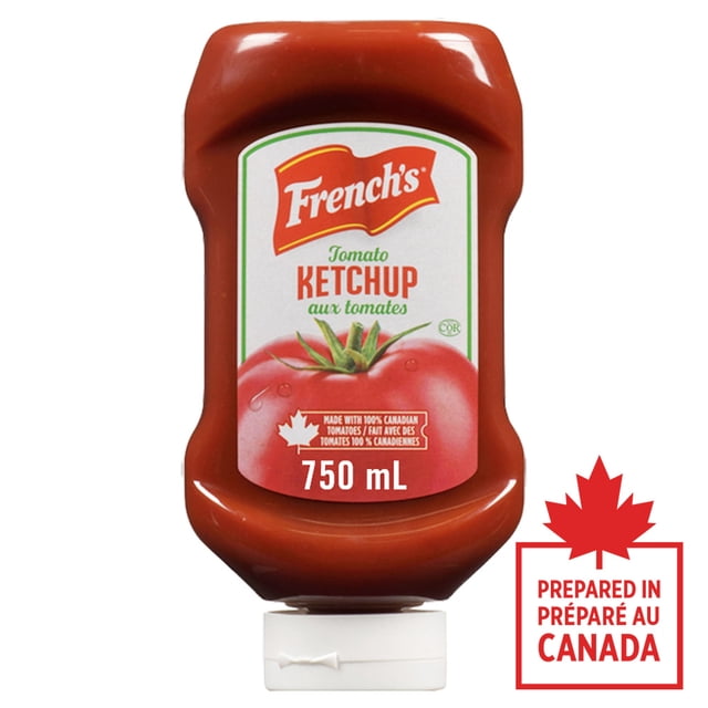 French's, 100% Canadian Tomato Ketchup in a 750ml squeezable plastic bottle with white flip-top cap, featuring a label with a red tomato and Canadian maple leaf, prepared in Canada, ideal for pantry condiments and toppings and often used as a versatile sauce for various dishes.