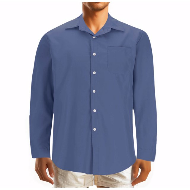 RXIRUCGD Blouse à Manches Longues pour Hommes, Mode Décontractée, Couleur Unie, Boutons, Poches, Col Rabattu, Bleu, Taille : L