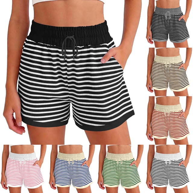 Xcmzpl Striped Shorts for Women Ribbed Knit Summer Shorts Elastic Waist Drawstring Baggy Track Shorts Color Block Casual Shorts with Pockets