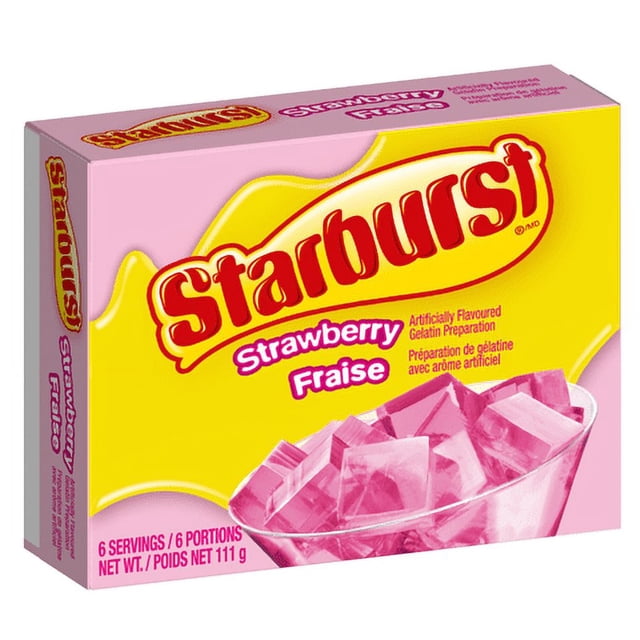Starburst Strawberry Gelatin box with pink and yellow packaging featuring the Starburst logo and a bowl of pink gelatin cubes, labeled as an artificially flavoured gelatin mix with 6 servings and 111 grams net weight, suitable for dessert and baking ingredient use.
