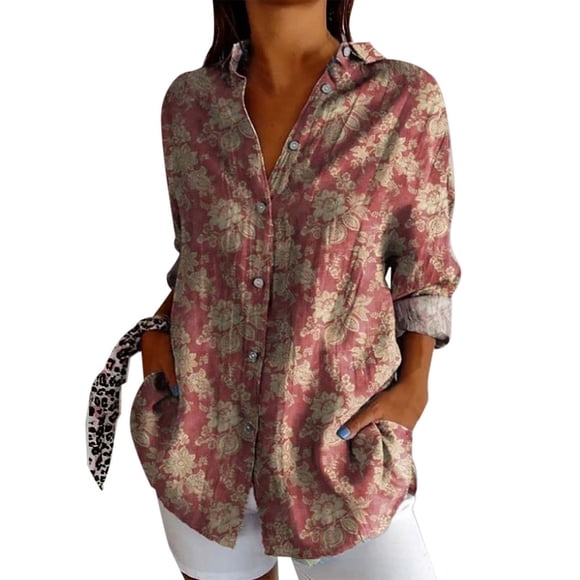 Puawkoer New Fashionable Women's 3 4 Sleeve Tunic Tee Shirts for Women Long Printed Casual Lapel Female Long Sleeve Shirts Women Short Sleeve Tops Shirt Silk Shirt Women Short Sleeve Tops