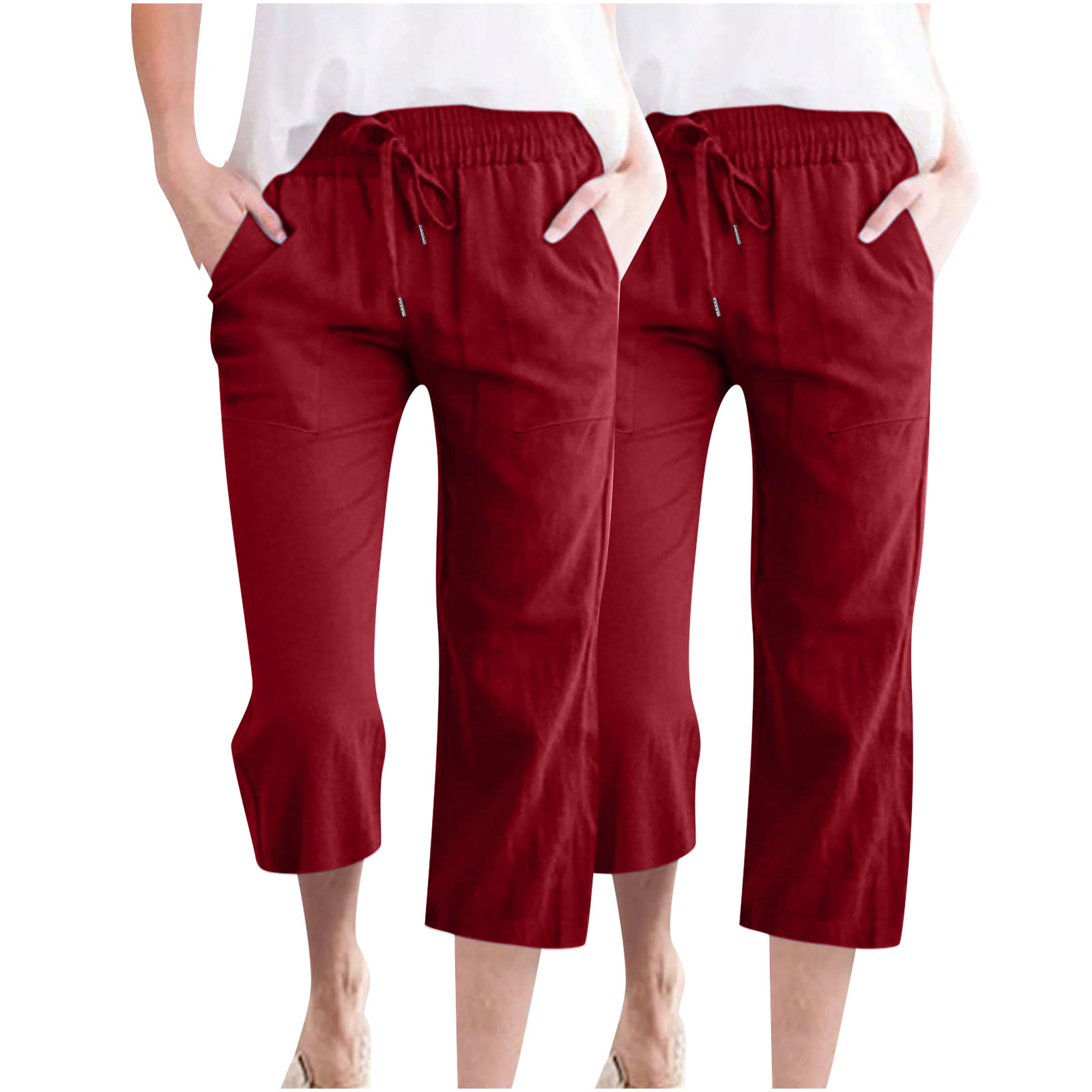 Timegard 2pc Capri Pants for Women Cotton Linen Elastic Waist Loose Lounge Crop Pants Pockets Solid Color