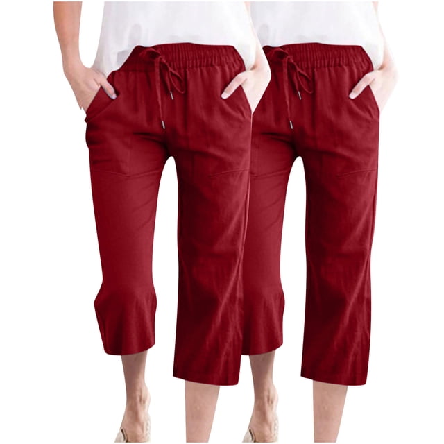 VEKDONE Pantalons Capri en Coton et Lin pour Femmes Vin TTTG