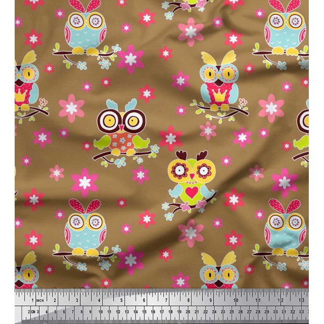 Soimoi Silk Fabric Floral & Owl Cartoon Fabric Prints by Yard 42 Inch Wide