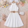 thumbnail image 2 of biudgviw Robe d'Été pour Filles Sans Manches à Col Licou, Épaules Dénudées, Ceinturée, Robe Trapèze Midi Décontractée, Robe Soleil 6-13 Ans, 2 of 7