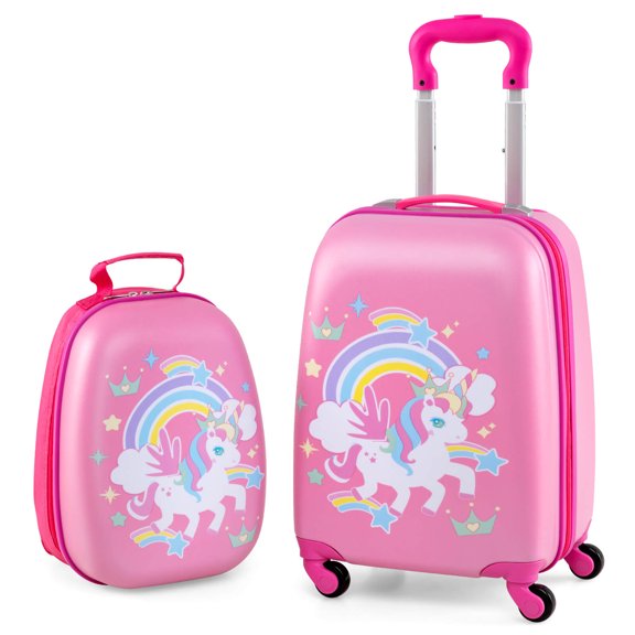 Costway Ensemble de Bagages pour Enfants 2 Pcs Sac à Dos 12 Pouces et Valise à Roulettes 16 Pouces pour Voyage Multicolore