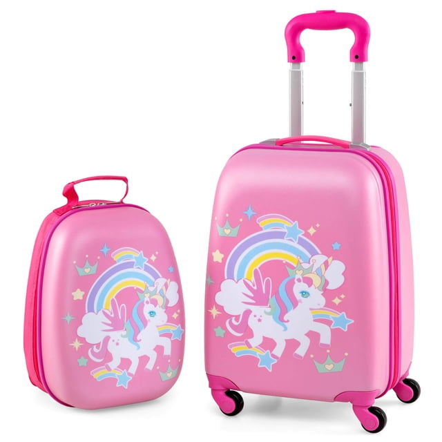 Costway 2PC Kids Carry On Luggage Set featuring a 12-inch backpack and a 16-inch rolling suitcase in multicolor. The set is designed with a pink background and a whimsical unicorn and rainbow pattern. The suitcase includes 360° swiveling wheels and an adjustable telescoping handle, while the backpack has wide, adjustable shoulder straps. Both pieces are made of durable ABS and PC materials with a frosted protective film for scratch resistance and waterproofing. Suitable for travel, school, and outdoor activities.