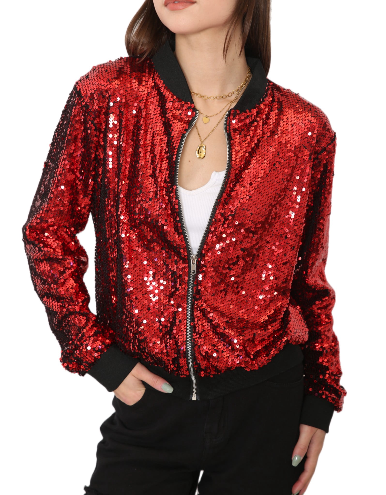 Veste à Paillettes pour Femmes à Manches Longues avec Fermeture Éclair Frontale et Poignets Côtelés