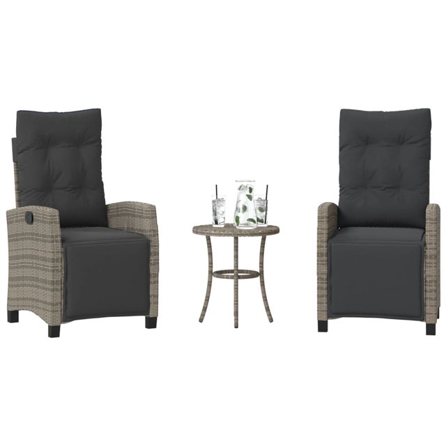vidaXL Ensemble Bistro 3 Pcs avec Coussins Gris en Rotin Poly