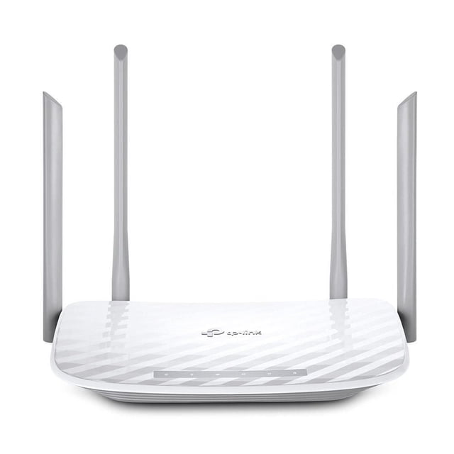 TP-Link AC1200 Routeur Sans Fil Double Bande avec Dessus Texturé Blanc et Quatre Antennes Externes Grises, Vue Frontale avec Indicateurs DEL, Prise en Charge de 1200 Mbps de Bande pour Wi-Fi Double Bande, avec Contrôles Parentaux et Gestion Facile du Réseau pour la Maison.