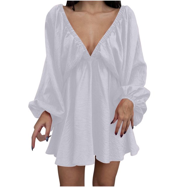 Robe Longueur Genou pour Femmes Col en V Longueur Genou Robe à Manches Longues Aguichant Rétro Robe Ample Aguichant Longue Robe pour Femmes Robe Ample pour Femmes Longue Robe Aguichant pour Femmes