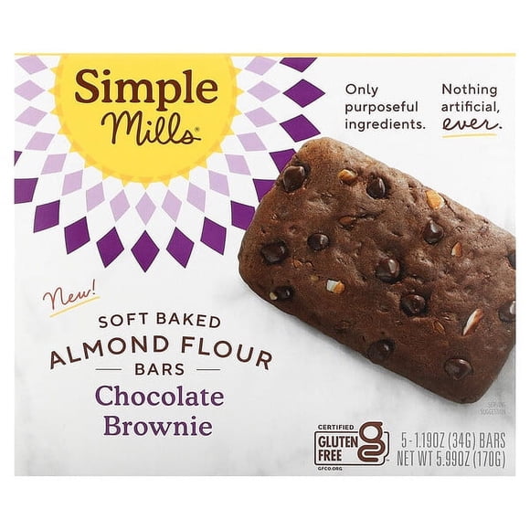 Simple Mills, Soft Baked Almond Flour Bars, Chocolate Brownie, 5 Bars, 1.19 oz (34 g) Each