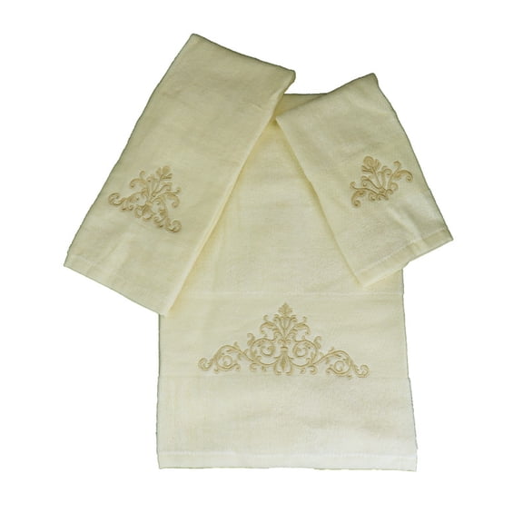 Marina Décoration de Luxe Premium Décor Ultra Doux 100 % Coton Brodé Ensemble de Serviettes de Salle de Bain Moderne 3 Pcs, Blason Doré avec Motif de Base Crème
