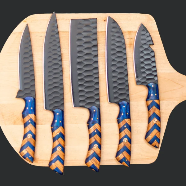 5-Piece Cleaver Chef Knife Set with Dual-Tone Wood Handles, Hammered Black Blades. Hawkeen Knife