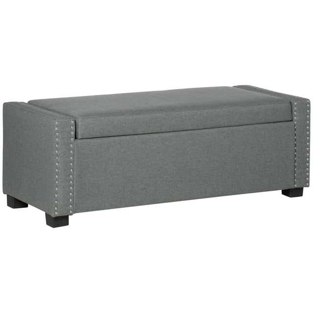 HOMCOM Banc de Rangement Moderne Rembourré à Dessus Rabattable Ottoman en Gris Pâle. Ce Ottoman Rectangulaire Présente un Tissu en polyester et Coton au Ton Neutre, Accentué d'Une Bordure à Clous le Long des Bords. Il Comprend un Siège à Dessus Rabattable Qui s'Ouvre pour Révéler un Compartiment de Rangement Spacieux. le Ottoman Est Soutenu par des Pieds en Plastique Noir Robustes et Mesure 47,25 Pouces de Large, 19,75 Pouces de Profondeur et 17,25 Pouces de Hauteur. Convient pour le Salon, l'Entrée Ou la Chambre comme Siège Ou Rangement Supplémentaire