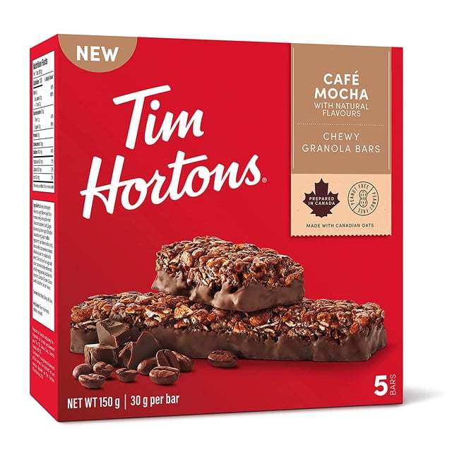 TH GRANOLA café?MOCHA Tim Hortons café Moka Barres GRANOLA Moelleuses Boîte avec Cinq Barres de 30 g, Emballage Rouge Mettant en Vedette des Barres GRANOLA Enrobées de Chocolat, des Grains de café et des Morceaux de Chocolat, Fait avec des Arômes Naturels et de l'Avoine Canadienne, Préparé au Canada, Souvent Utilisé comme Collation Pratique Ou pour Augmenter l'Énergie.