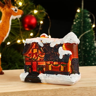 LSLJS Christmas Winter Village Houses Set LED Lighted DIY Christmas Figurines Christmas Miniature Resin Ornament Kits Christmas Cedar Bare Branch Tree Street Lamp, Glowing House