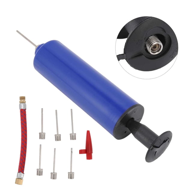 Ball Pump Kit by Estink, featuring a portable manual air pump in blue with a black handle. Includes six metal needles, a red plastic cone nozzle, and a flexible red and blue hose. Made from plastic and alloy, this eco-friendly pump inflates sports balls like soccer, basketball, volleyball, and more without electricity. Compact and lightweight, it fits easily into backpacks or ball bags.