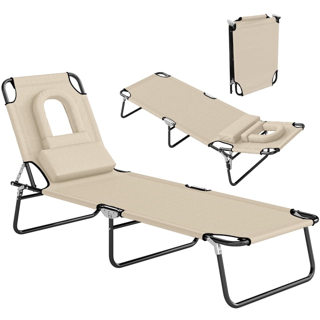 Outsunny Chaise Longue d'Extérieur Réglable avec Trou de Lecture et Oreiller en beige. Présente un design Pliable avec un Cadre en Acier et un Tissu Oxford durable. Comprend un Trou unique pour le Visage et des Oreillers Amovibles pour Bronzer face vers le Bas. Offre 4 positions de Dossier Réglables pour un Confort Personnalisé. Convient aux patios, Jardins, au Bord de la Piscine et aux Plages.