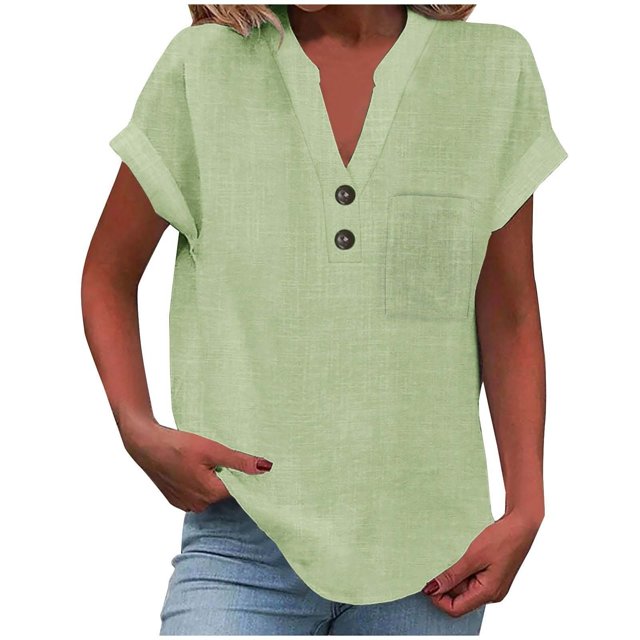 T-Shirts Femmes Plus Mode Décontractée Col en V Boutonné Manches Courtes avec Poches - Hontri