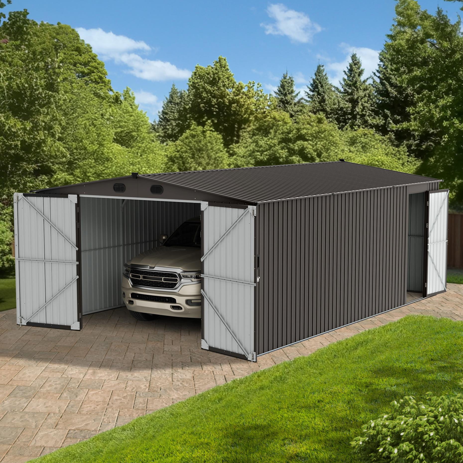tomo1353 Sunjoy 13 ft. x 20 ft. Outdoor Storage Shed, Carport, Light Grey