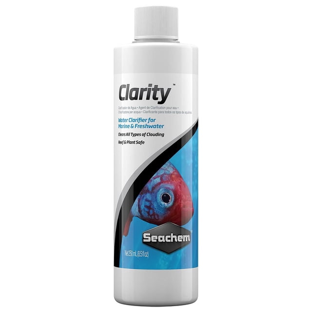 Seachem Clarity Bouteille Clarificatrice d'Eau 250 ml avec Bouchon à Vis Blanc, Conçue pour les aquariums Marins et d'Eau Douce, avec un Poisson Bleu et Rouge sur l'Étiquette, Sécuritaire pour les Récifs et les Plantes, Élimine Tous les types de Clou dans l'Eau d'Aquarium.