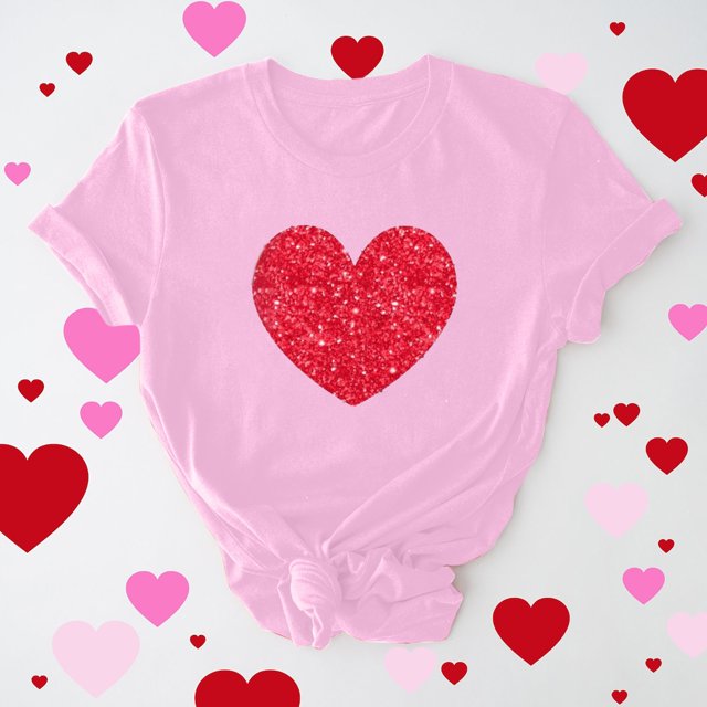 Meichang T-Shirts de la Saint-Valentin pour Femmes Hauts Mignons Imprimé Cœur Hauts Mignons Col Rond Manches Courtes Décontracté T-Shirts de Vacances Saint-Valentin