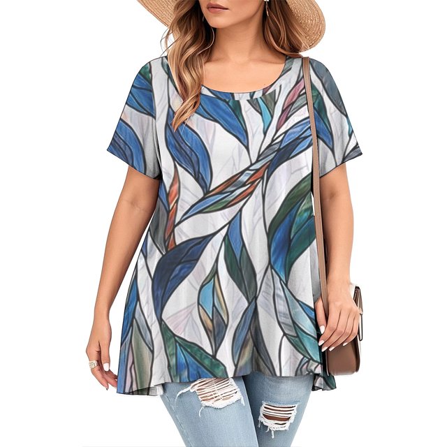 Ovzne Robes d'Été pour Femmes 2025 Robe de Plage Robe Ample à Manches Courtes pour Femme Style Rétro à la Mode Imprimée Col Rond Robe Grande Taille Robe à Col Rond pour Femme Robe de Vacances Manches Courtes