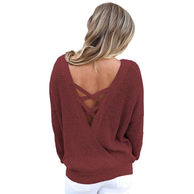 Pull Femme Gris/kaki/marron/noir/rouge/vert Dos Croisé Ajouré