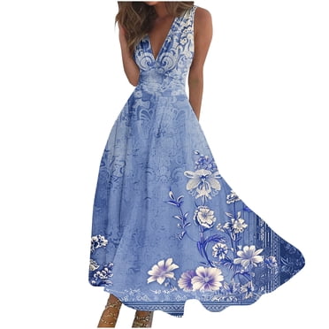 RKSTN Wedding Guest Dresses for Women Fashion Casual Loose Plus Size Swing Summer Dresses Casual Boho Floral Printed Sleeveless V-Neck Wrapped Chest Cocktail Dresses