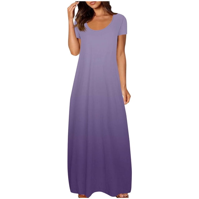 fatyb Robes Maxi à Manches Courtes pour Femmes Col Ras du Cou Décontractées Longues Robes Imprimées Robes T-Shirt d'Été