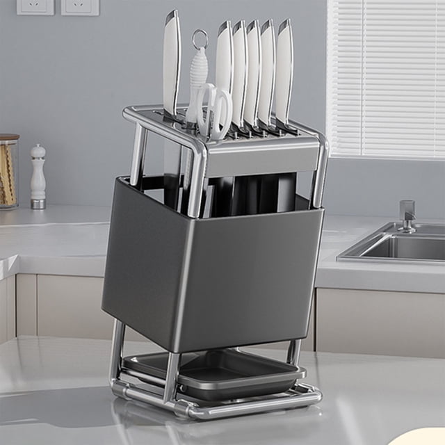 Qonioi Stainless Steel Knife Block, Countertop and Wall Mount Knife Organizer, Multi-Slot Kitchen Knife Storage Rack for Counter Cabinet Drawer