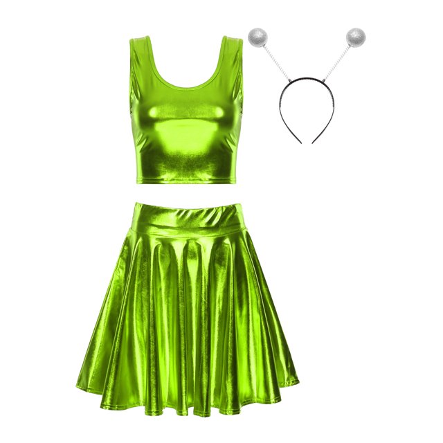 YONGHS Women's Alien Set Cheer Leader Outfit Metallic Crop Tank Top with Ruffle Skirt Hair Hoop Fluorescent Green XL