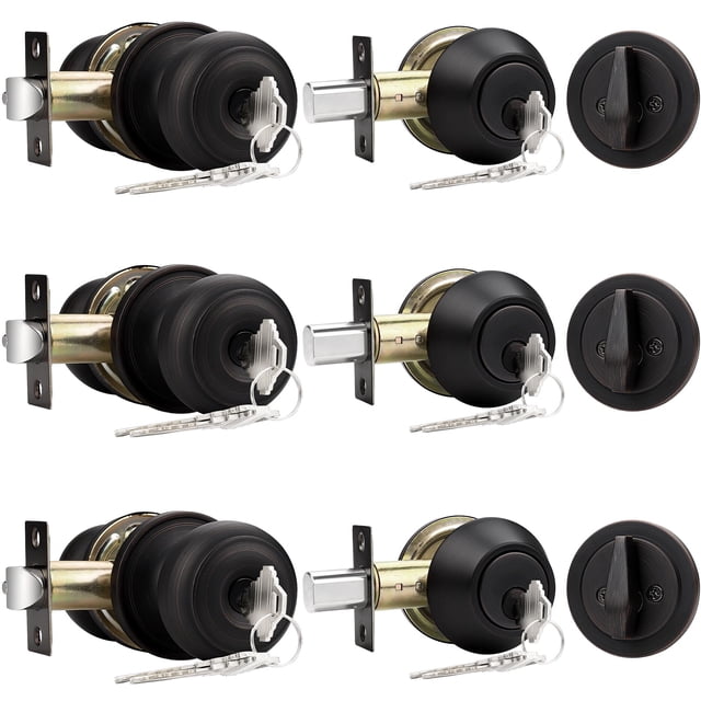 Probrico Ensemble de Serrure à Bouton pour Porte d'Entrée et Ensemble Combiné de Pêne Dormant à Cylindre Simple en Bronze Huilé (Lot de 3) à Clé Similaire