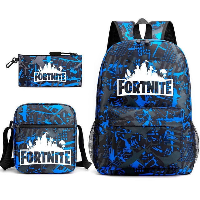 Ensemble de Trois Sacs Multifonctions pour Garçons et Filles, Comprenant un Sac d'École, un Sac à Bandoulière et une Trousse à Crayons. Fabriqué en Tissu Oxford durable avec une Doublure en polyester, l'Ensemble Met en Valeur un Motif Bleu et Noir vibrant avec un logo Fortnite. le Sac d'École Comprend des Bretelles Arrière et d'Épaule Respirantes pour le Confort et Plusieurs Compartiments pour un Rangement Organisé. Convient à l'École Ou aux Activités de Plein Air.