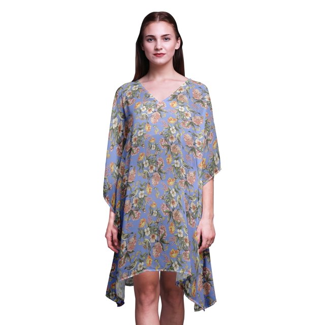 Bimba Robe Midi de Détente de Vacances pour Femme avec Fleurs, Couvre-Maillot de Plage - TG-3X Bleu Lavande