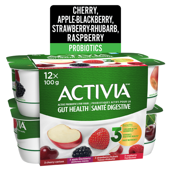 Activia Yogourt Probiotique, Pomme-Mûre/framboise/cerise/fraise-Rhubarbe, 12x100g