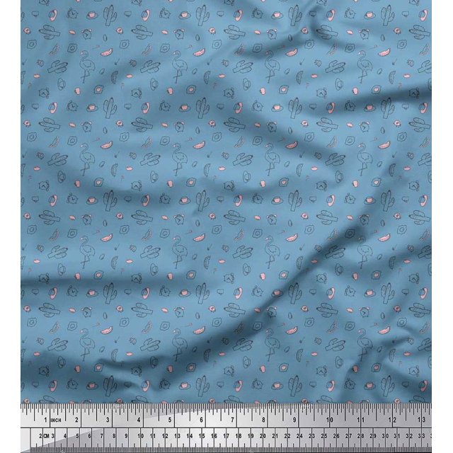 Soimoi Rayon Fabric Cactus,Alarm Clock & Flamingo Shirting Decor Fabric Printed Yard 56 Inch Wide